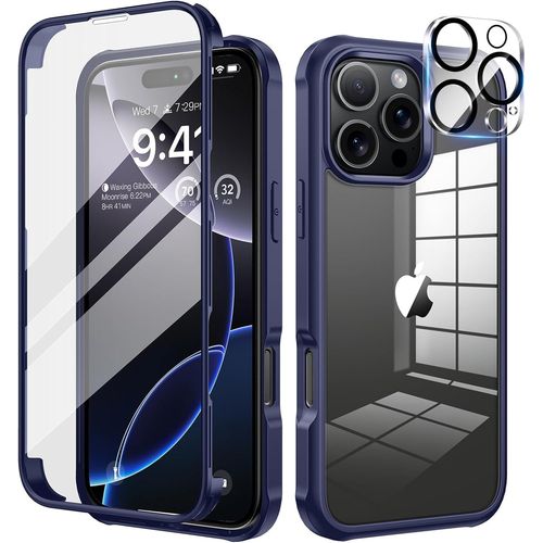 Eryi-Coque Pour Iphone 16 Pro 6,3 Pouces, Antichoc Housse Avec [Verre Trempé Et Caméra Protecteur] 360° Protégé Etui Double Face Case Robuste Transparent Intégrale Coque Pour Iphone 16 Pro - Bleu