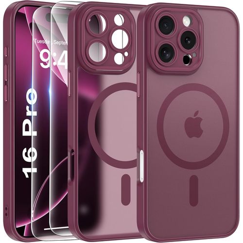 Eryi-Magnétique Coque Pour Iphone 16 Pro Avec 2 Verre Trempé, Compatible Avec Magsafe, Protection D'objectif Tout Compris, Etui Mat Arrière Housse Fine Antichoc Case 16 Pro 6.3"", Rouge
