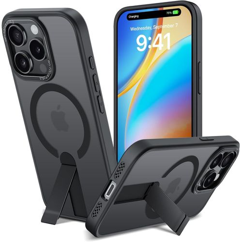 Eryi-Coque Pour Iphone 15 Pro Avec Support Compatible Avec Magsafe Étui Magnétique Béquille Protection Antichoc, Protection De Qualité Militaire Housse Translucide Mat, Noir