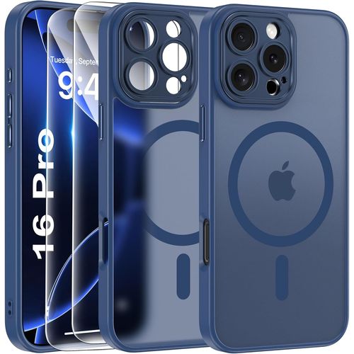 Eryi-Magnétique Coque Pour Iphone 16 Pro Avec 2 Verre Trempé, Compatible Avec Magsafe, Protection D'objectif Tout Compris, Etui Mat Arrière Housse Fine Antichoc Case 16 Pro 6.3"", Bleu Orage