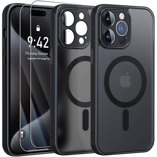 Eryi-Magnétique Coque Pour Iphone 15 Pro Avec 2 Verre Trempé, Compatible Avec Magsafe, Protection D'objectif Tout Compris, Etui Translucide Mat Arrière Housse Fine Antichoc Case, Noir