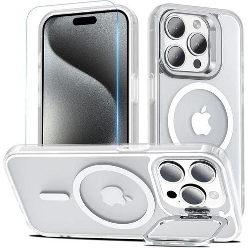 Eryi-Magnétique Coque Pour Iphone 15 Pro, Compatible Avec Magsafe Avec Verre Trempé, Coque Avec Caméra Béquille Antichoc Protection Etui Housse Case Pour Iphone 15 Pro (Transparent)