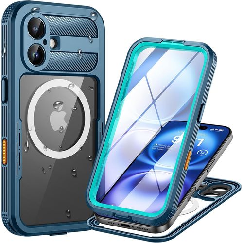 Eryi-Coque Pour Iphone 16 Étanche, Ip68 Imperméable 360 Integral Renforcée Antipoussière Anti-Neige Resistante Waterproof Etui [Compatible Avec Magsafe] Protection Housse Pour Iphone 16, Bleu