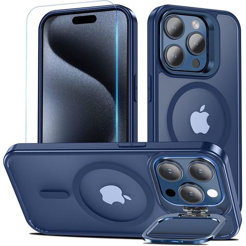Eryi-Magnétique Coque Pour Iphone 15 Pro, Compatible Avec Magsafe Avec Verre Trempé, Coque Avec Caméra Béquille Antichoc Protection Etui Housse Case Pour Iphone 15 Pro (Bleu)