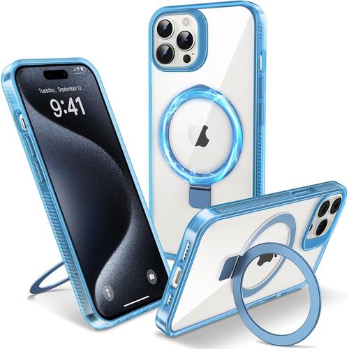 Eryi-Coque Magnétique Pour Iphone 15 Pro Avec Support Invisible, [Compatible Avec Magsafe] Etui Housse Transparente Avec Protection Antijaunissement & Antirayure & Antichoc, 6.1'', Clair Bleu