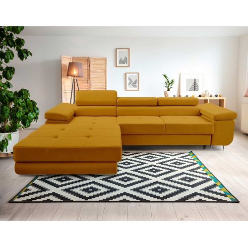 Canapé D'angle Gauche Convertible 6 Places En Velours Jaune
