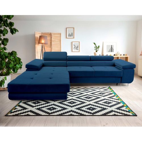 Canapé D'angle Gauche Convertible 6 Places En Velours Bleu Nuit