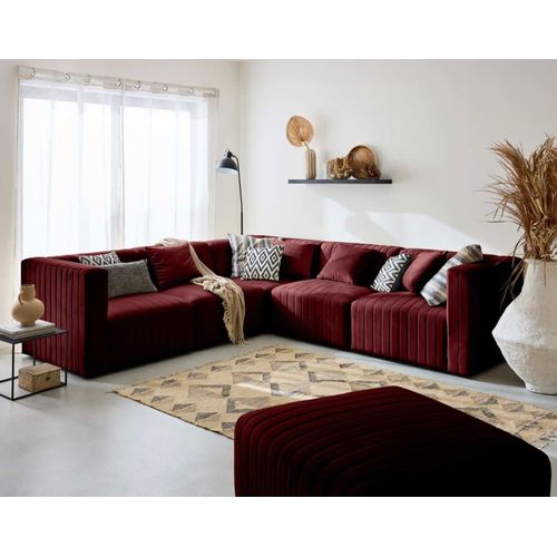 Canapé Modulable 6 Places Angle Réversible En Velours Rouge