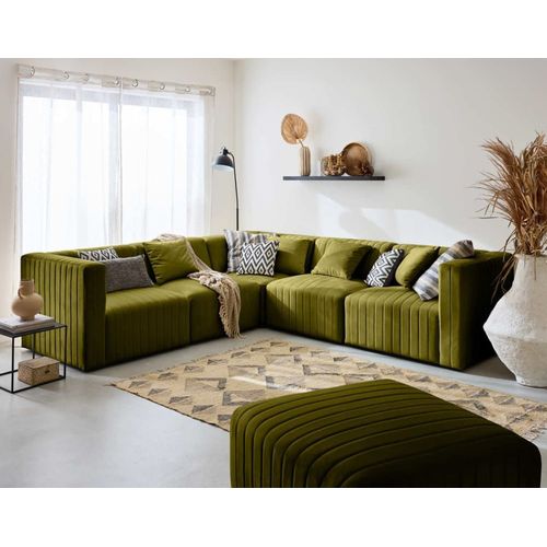 Canapé Modulable 6 Places Angle Réversible En Velours Vert Olive