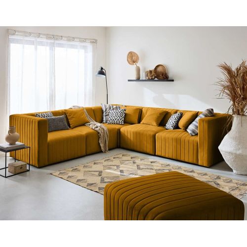 Canapé Modulable 6 Places Angle Réversible En Velours Jaune