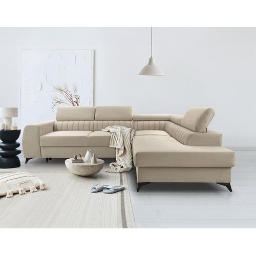 Canapé D'angle Droit Convertible 5 Places En Velours Beige