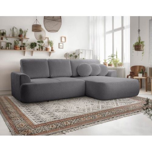 Canapé D'angle Droit Convertible 4 Places En Tissu Bouclette Gris