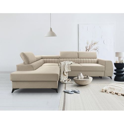 Canapé D'angle Gauche Convertible 5 Places En Velours Beige