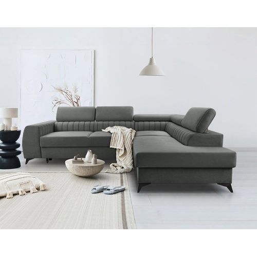 Canapé D'angle Droit Convertible 5 Places En Velours Gris