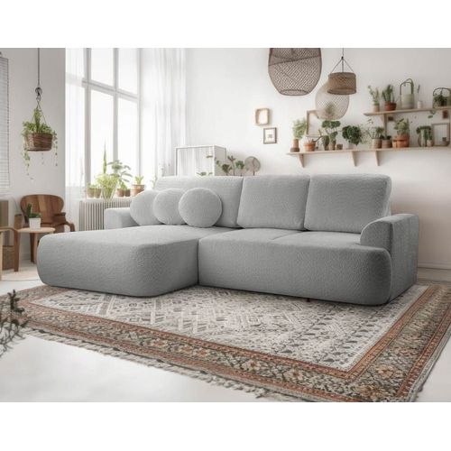 Canapé D'angle Gauche Convertible 4 Places En Tissu Bouclette Gris
