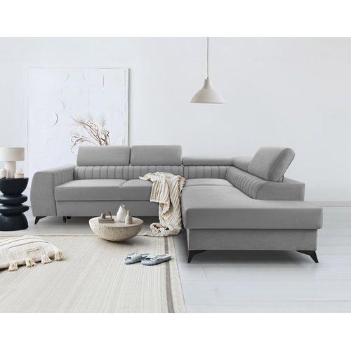 Canapé D'angle Droit Convertible 5 Places En Velours Gris Clair