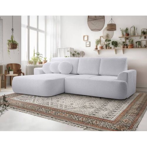 Canapé D'angle Gauche Convertible 4 Places En Tissu Bouclette Gris