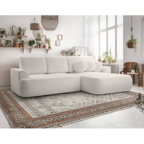 Canapé D'angle Droit Convertible 4 Places En Tissu Bouclette Beige