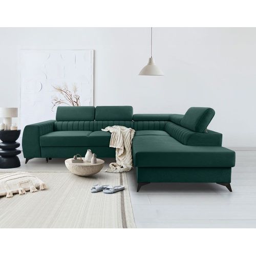 Canapé D'angle Droit Convertible 5 Places En Velours Vert