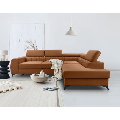Canapé D'angle Droit Convertible 5 Places En Velours Terracotta