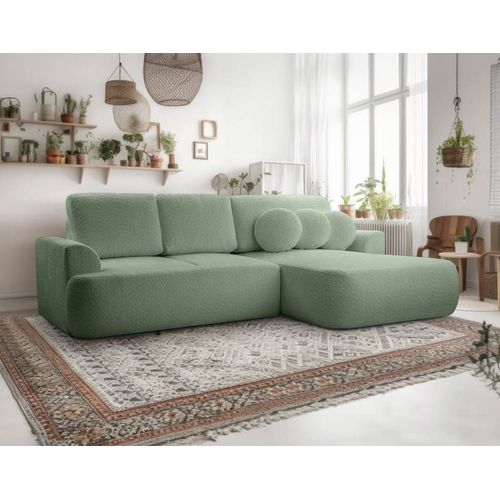 Canapé D'angle Droit Convertible 4 Places En Tissu Bouclette Vert