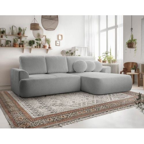 Canapé D'angle Droit Convertible 4 Places En Tissu Bouclette Gris