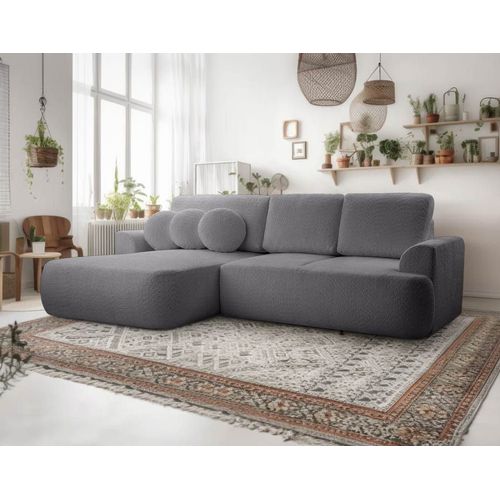Canapé D'angle Gauche Convertible 4 Places En Tissu Bouclette Gris