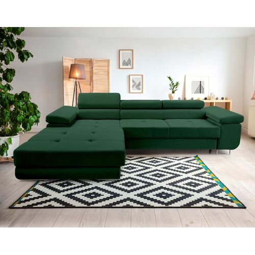 Canapé D'angle Gauche Convertible 6 Places En Velours Vert