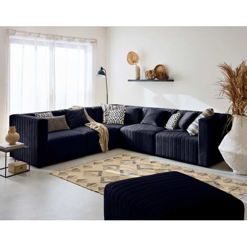 Canapé Modulable 6 Places Angle Réversible En Velours Bleu Marine