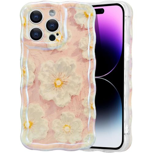 Eryi-Coque De Téléphone Pour Iphone 16 Pro Max, Coloré Vintage Peinture À L'huile Fleur Étui De Téléphone Brillant Curly Wave Frame Forme Tpu Cas À La Rayures Housse De Protection - Rose Pâle