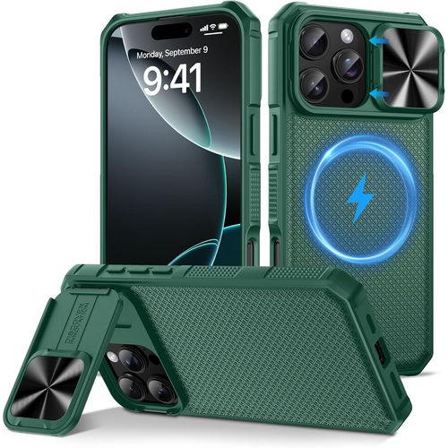 Eryi-Pour Iphone 16 Pro Max 6.9"" Étui Magnétique, Compatible Avec Magsafe&slide Camera Push Window Holder Cover Heavy-Duty Military Grade Bumper Edge Protective Phone Case (Vert)