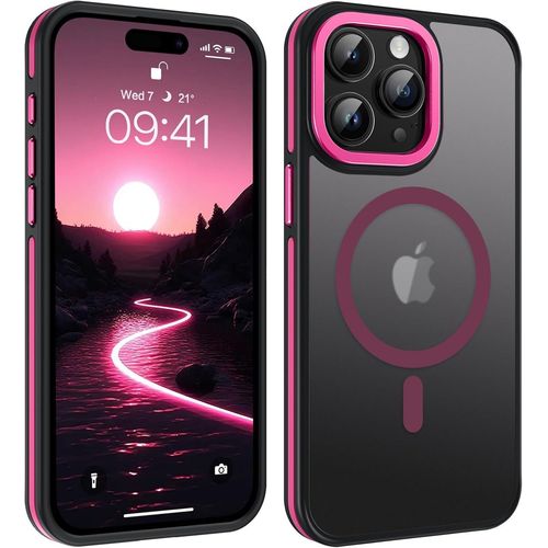 Eryi-Translucide Coque Iphone 15 Pro Mate, Magnétique Coque Compatible Avec Magsafe Avec Aimant Puissant Pour Iphone 15 Pro Case Etui Antidérapante Housse Fin, Rose Fluo