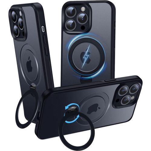Eryi-Coque Pour Iphone 15 Pro 360 Ajustable Support Compatible Avec Magsafe, Noir Mat Translucide Case Anneau Magnétique Invisible Etui Antidérapant & Antichoc Pour 15 Pro