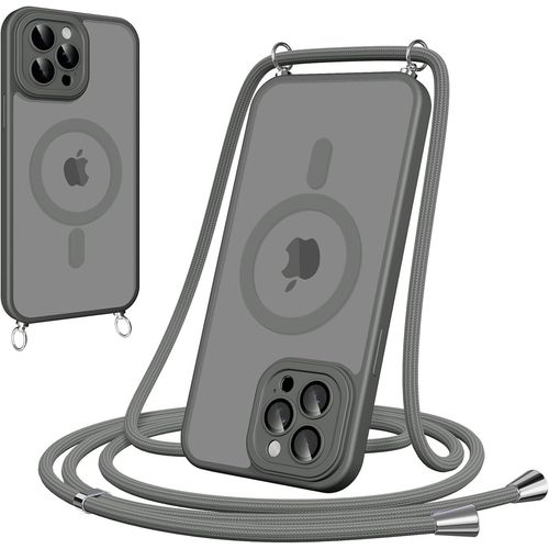 Eryi-Coque Magnétique Pour Iphone 15 Pro Avec Cordon, [Compatible Avec Magsafe] Etui Translucide Mat Arrière Anti-Jaunissement Antichoc Réglable Téléphone Portable Lanyard Case Protection, Gray