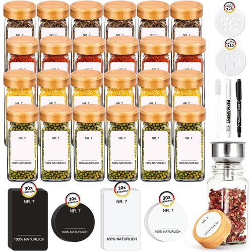 Lot De 24 Pots À Épices Carrés En Bambou De 120 Ml Avec Étiquettes, Distributeur Multifonction Intégré, Boîte De Rangement Idéale Pour La Cuisine | Contenant À Épices