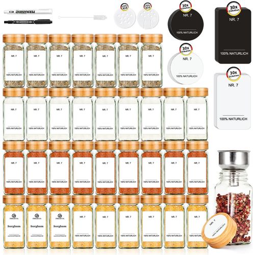 Lot De 35 Pots À Épices Carrés En Bambou De 120 Ml Avec Étiquettes, Distributeur Multifonction Intégré, Boîte De Rangement Idéale Pour La Cuisine | Contenant À Épices