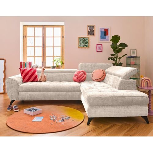 Canapé D'angle Droit Convertible 5 Places En Velours Texturé Beige