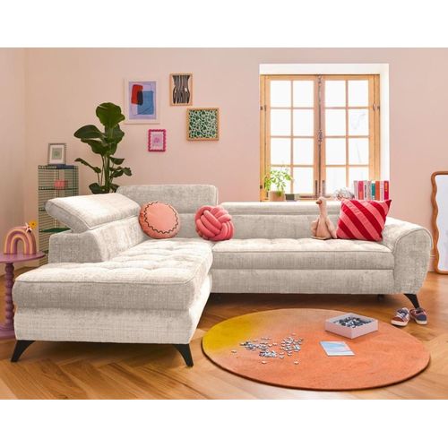 Canapé D'angle Gauche Convertible 5 Places En Velours Texturé Beige