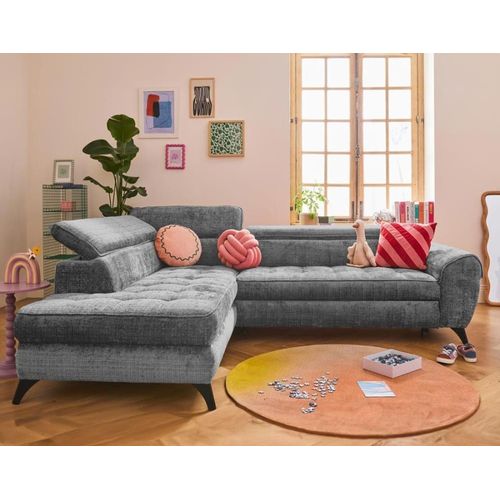 Canapé D'angle Gauche Convertible 5 Places En Velours Texturé Gris