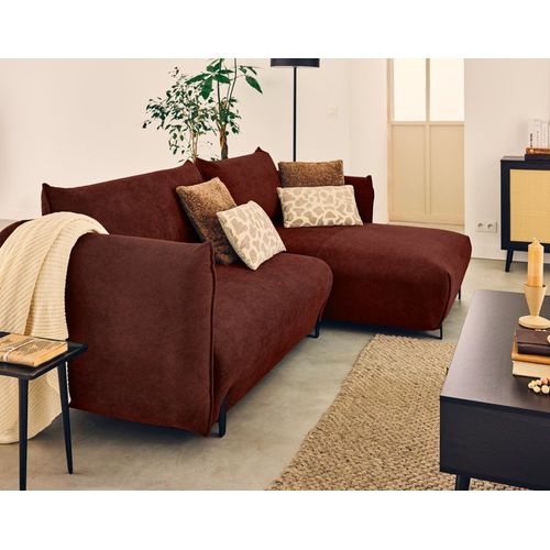 Canapé D'angle Droit Convertible 4 Places En Tissu Texturé Rouge