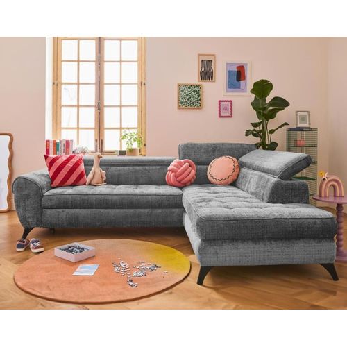 Canapé D'angle Droit Convertible 5 Places En Velours Texturé Gris