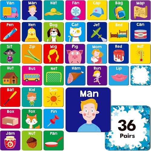 Eryi-Jeu De Correspondance De Mots Cvc, 72 Cartes De Mémoire De Mots Cvc Pour Enfants En Bas Âge, 36 Paires De Cartes De Mémoire, Jouets Éducatifs Pour Les Garçons Et Les Filles D'âge Préscolaire