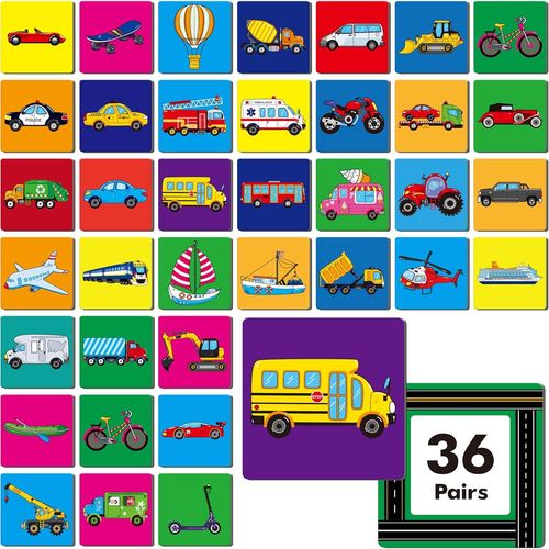 Eryi-Jeu De Correspondance De Véhicules, 72 Cartes Mémoire De Trafic Pour Tout-Petits, 36 Paires De Cartes Mémoire De Transport, Jouets Éducatifs Pour Les Garçons Et Les Filles D'âge Préscolaire
