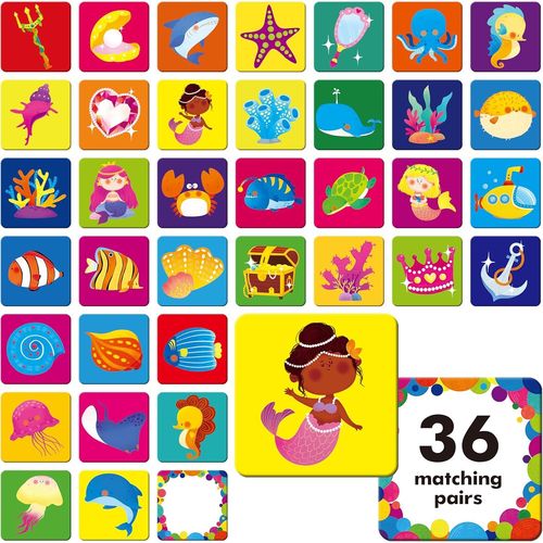 ERYI-72 Pcs Jeu De Mémoire Du Monde Des Sirènes, Cartes D'Association Du Monde Marin Pour Les Tout-Petits, 36 Paires De Cartes De Mémoire Princesse/Diamant/Animal, Jouets Éducatifs Pour La Petite Enf