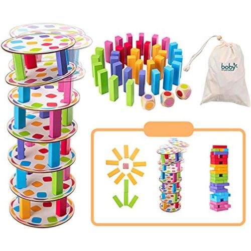ERYI-Jeu D'Empilage De Tour En Bois, Jouets D'Apprentissage Montessori Jeu De Famille, Jeux À Empiler Jeu De Societe Cadeau D'Anniversaire Blocs De Construction Dominos Pour Enfants Adultes 76 Pcs