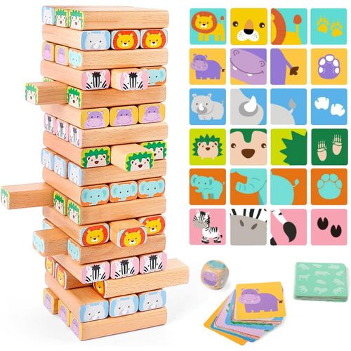 ERYI-Jeu D`Empilage De Blocs En Bois \U2013 Jeu De Société Familial 4 En 1 Tour Avec Blocs De Construction, Cartes Et Dé \U2013 Jouet Éducatif Animaux African Safari Pour Enfants De 3 À 9 Ans