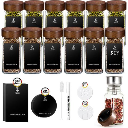 Bocal À Épices En Bois D'Acacia Avec Couvercle Carré | 12 Pots À Épices Avec Étiquettes Pour Épices | Organisateur D'Épices Parfait Pour La Cuisine | Pot À Épices En Verre De 120ml