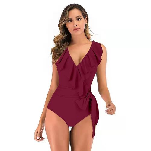 Femme Col En V Une Pièce Bikini À Volants Taille Haute Dos Nu Tankini Élégant Maillot De Bain Ventre Contrôle Plage Maillot De Bain M Vin Rouge