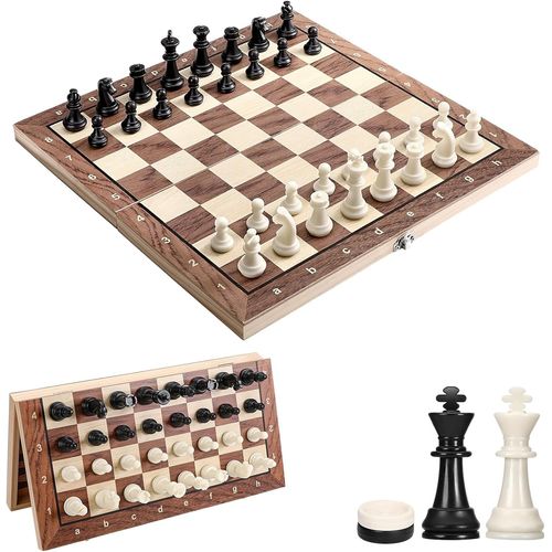 Eryi-Jeu D'échecs, 3 En 1 Echiquier Magnetique Jeu De Dames Echecs, Pliable Jeu Echec En Bois, Portable Echiquier Pour Voyage Enfants Et Adultes (29×29cm)