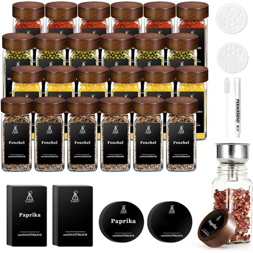 Set De Bocaux À Épices En Bois D'Acacia, 24 Bocaux À Épices Avec Étiquettes, Parfaits Pour Organiser Les Épices Dans La Cuisine, Bocaux À Épices En Verre De 120ml
